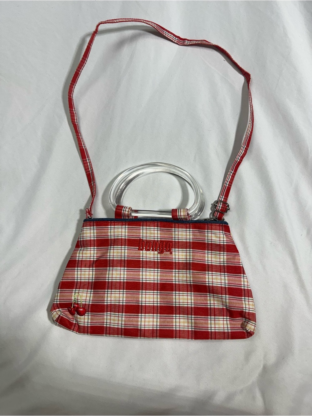 BONGO VTG Red Plaid Shoulder Bag with Clear Top Handles